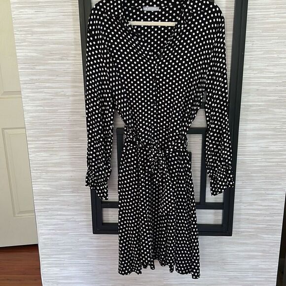 Milan Kiss black and white polkadot long sleeve rayon dress size XL button-down - Picture 1 of 6